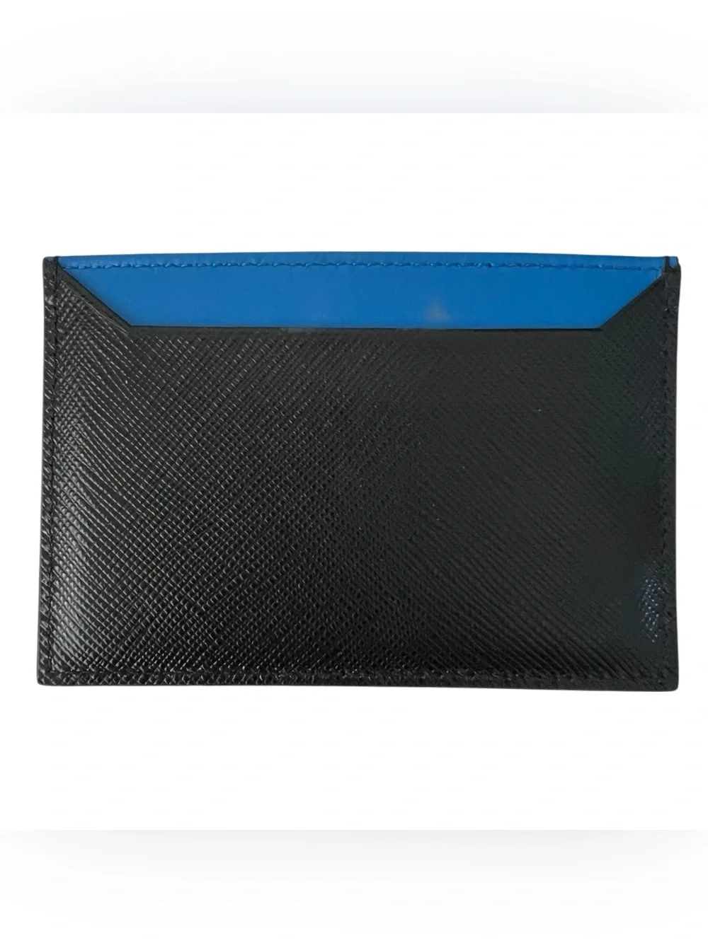 Prada Black & Blue Saffiano Leather Card Holder with Graphic Detail